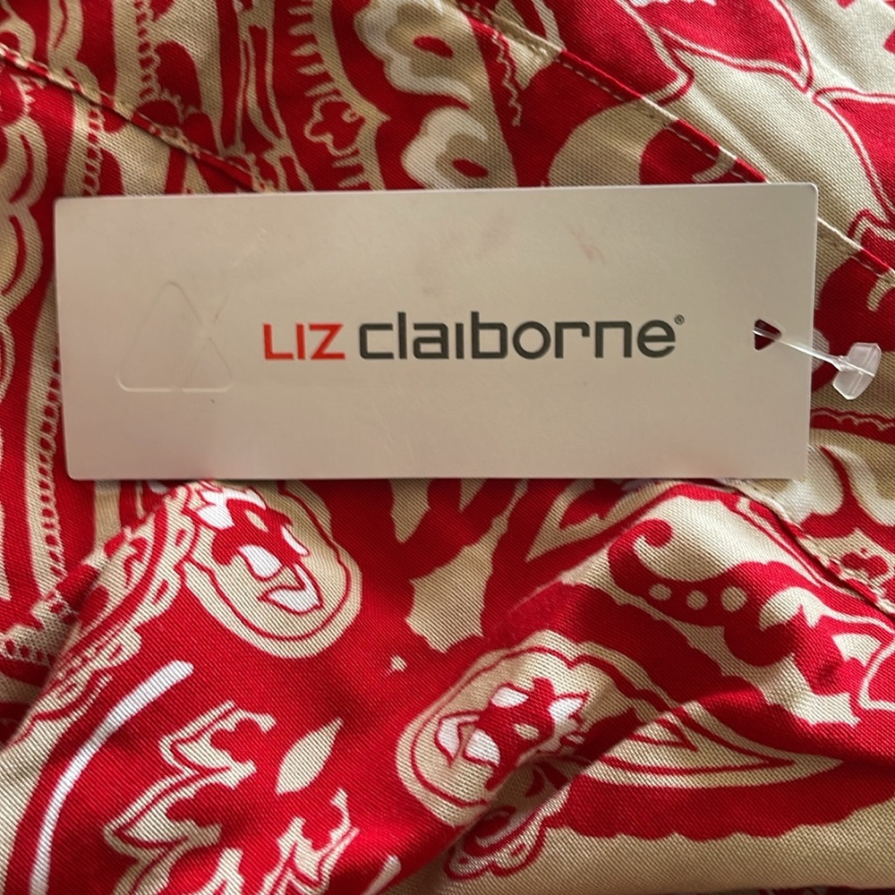 LIZ CLAIBORNE Skirt Red & Tan Paisley Paper Bag Waist Attached Belt Rayon - Picture 8 of 11